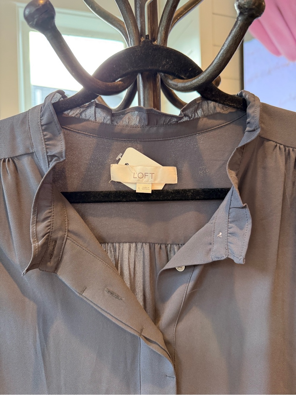 LOFT Slate Dusty Blue Ruffle Collar Button-Front Blouse